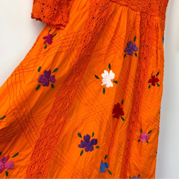 Vintage Boho Embroidered Floral Orange Maxi Dress Bell Sleeves Small - Picture 3 of 16
